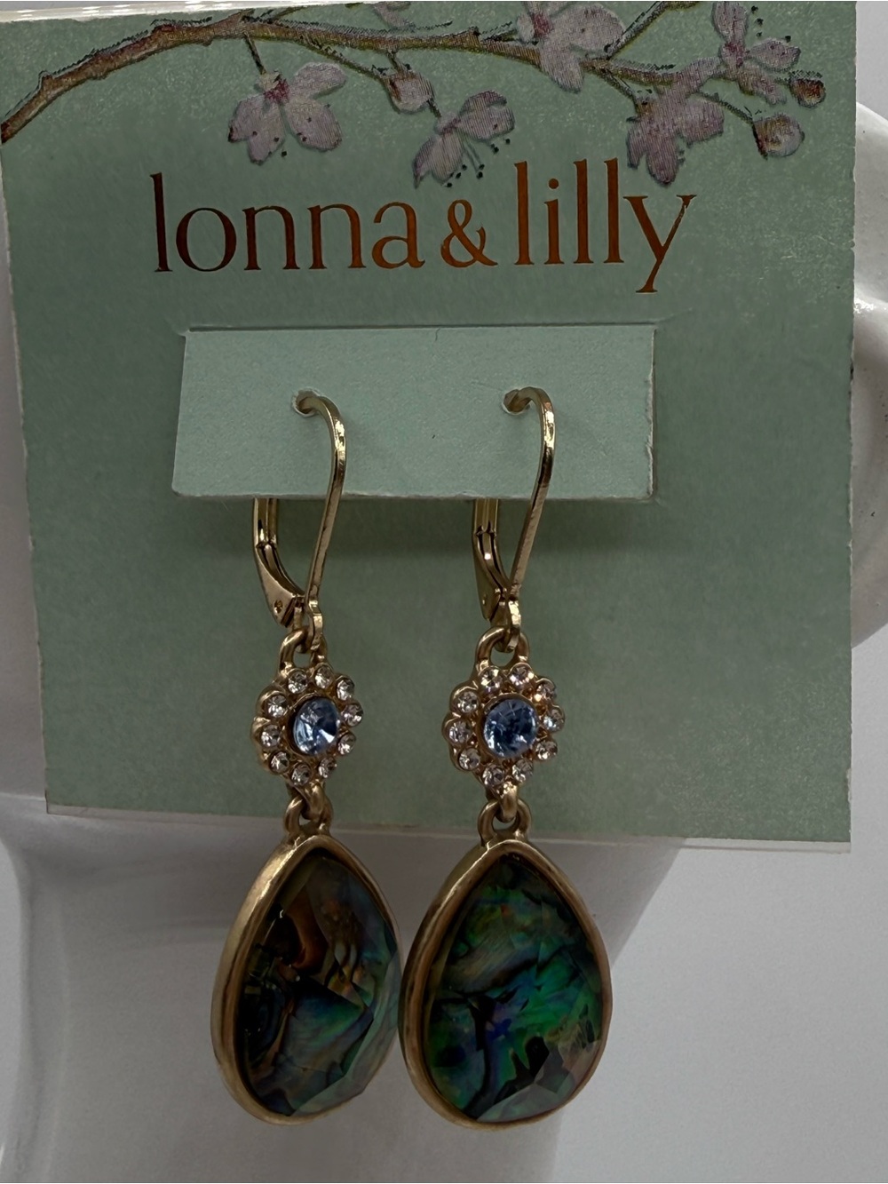 Lonna & Lilly Blue Abalone Shell Teardrop Dangle Earrings Gold Tone Crystal - Picture 4 of 11